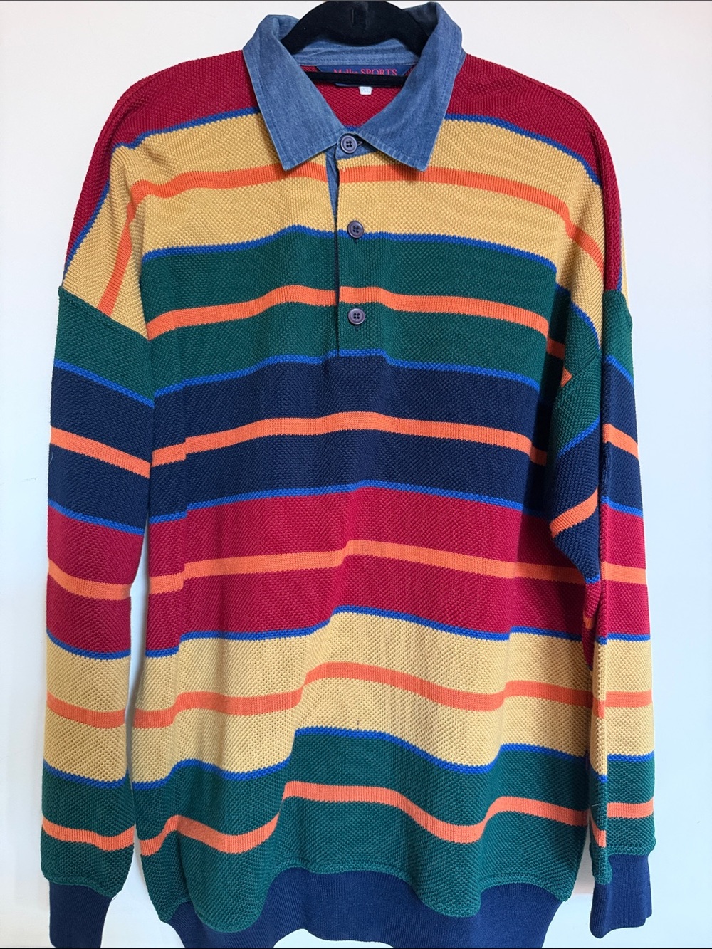 Classic Striped Long-Sleeve Polo with Denim Collar - Multicolor